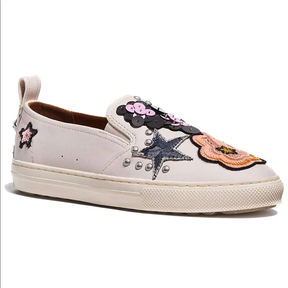 Coach Slip On Sneakers Sequin Embroidery Leather Shoes Unique Nude - Picture 3 of 8